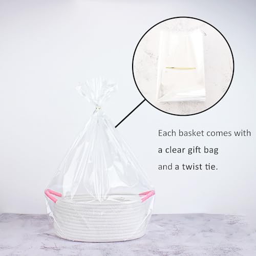 White and Pink Cotton Rope Gift Basket with Handle, 12 x 8 in - color: white with pink handle, size: Oval - 12"x8"x5"