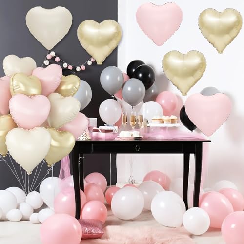 Pink White Gold Heart Foil Balloons,12Pcs 18Inch Heart Shaped Balloons - color: Pink White Gold