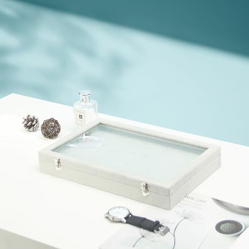 Coward Ring Organizer Jewelry Tray Box, Grey Beige Velvet 100 Slots Ring Display Tray Case with Transparent Glass Lid for Home Use or Store Selling Show - color: Grey Beige Velvet, size: Ring Box