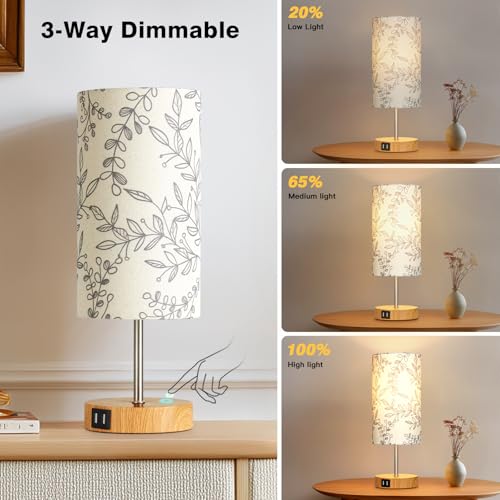 CINSARY Bedside Touch Lamps for Nightstand with 2 USB Charging Ports, 3 Way Dimmable Wood Bedroom Lamp with Flower Fabric Shade, Small Table Lamp for Living Room Reading Desk (LED Bulb Included) - color: Flower3-15" H