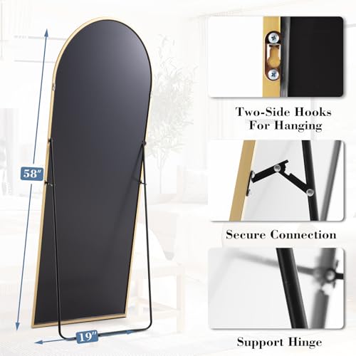 DUMOS Arched Mirror Full Length Floor, 58x19 Inch Full Body Standing Mirror - color: Gold-rounded, size: 58"L x 19"W