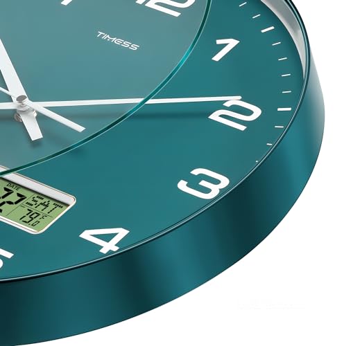 TIMESS Wall Clock, 10" Dial Non-Ticking Silent Battery Operated Analog with LCD Display for Perpetual Calendar and F° Temperature, Ideal Modern Home, Office Decor (Green) - color: Green, size: 10 Inch