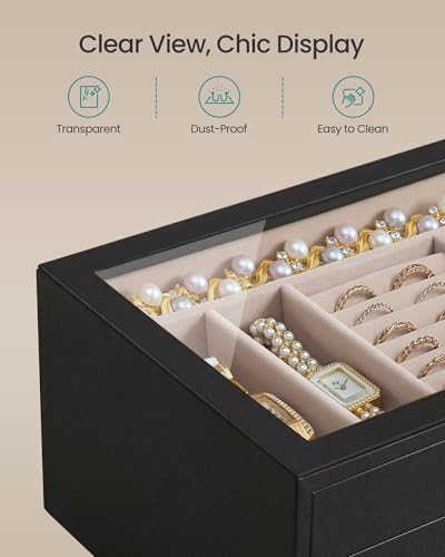 SONGMICS 3-Layer Jewelry Box with Glass Window, 3 Drawers, Golden Handles - color: Black, size: 3-Tier