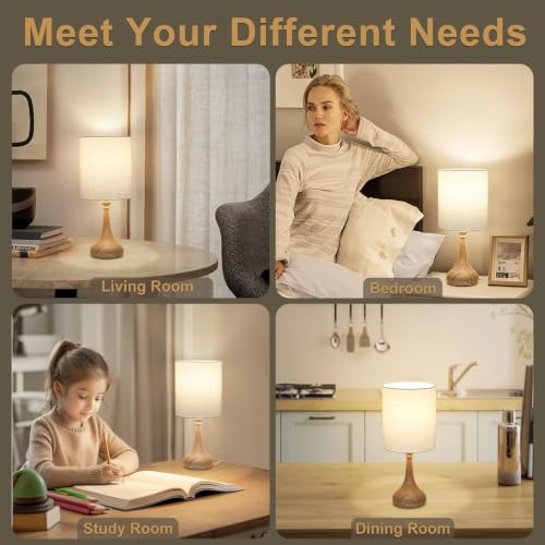 Dimmable Small Table Lamp, Bedside Lamps Touch Control for Bedrooms Nightstand with Wood Grain Base, Desk Lamp Night Light for Office Living Room, 9W 3000K LED Bulb Included - color: White, Wood Grain
