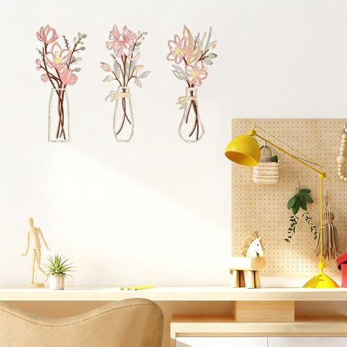 Embewhis Wall Decor Metal Flowers 3pcs, Rustic Farmhouse Flower Sculptures, 13.7" Wall Art Decor, Drill-Free Install Option for Living Room, Kitchen, Bedroom & Bathroom - size: H