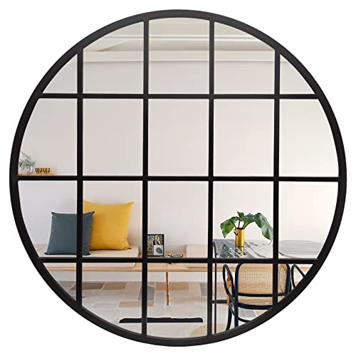 36 Inch Round Grid Wall Mirror, Metal Circle Window Mirror, Black - color: Black - Round, size: 36"L x 36"W