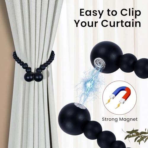 KLOGTSIND Magnetic Curtain Tiebacks, 2 Pack Wood Bead Curtain Holdbacks - color: Black