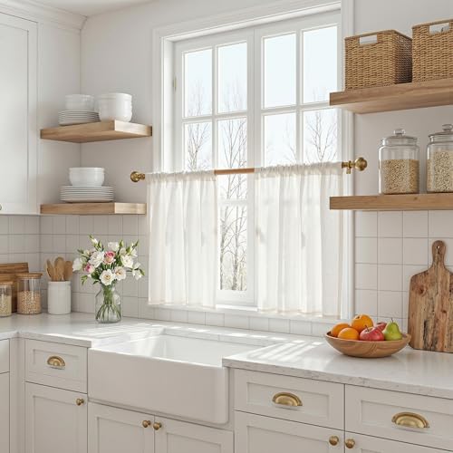 MYSKY HOME Natural Curtains 30 Inch Long for Cafe, Semi Sheer Light Filtering Tiers Curtain Panels Rod Pocket Short Country Decor Drapes for Basement/Small Window, Beige White, 2 Panels, 34 x 30 Inch - color: Beige White, size: 34"W x 30"L (Pack of 2)