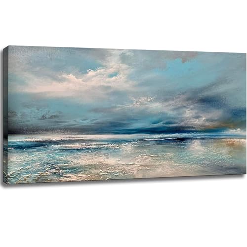 OKEXCKK Abstract Beach Canvas Wall Art Blue Minimalist Painting Decor Textured Modern Seascape Artwork Ocean Picture Print for Living Room Bedroom Office Decoration - 20"x40" - color: Abstract Beach, size: 40"L x 20"W