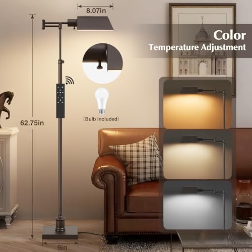 GyroVu Traditional Height Adjustable Pharmacy Floor Lamp with 350° Swing Arm, Color Temperature Adjustable Standing Lamp Metal Shade for Living Room Reading House Bedroom Home Office(Bronze) - color: Bronze