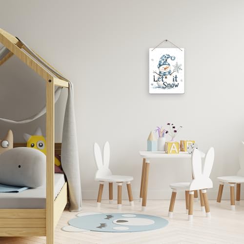 Winter Snowman Hanging Wooden Signs 12x6, Christmas Snow Signs, Winter Wall Decor, Winter Door Decor, Blue Snowman Winter Snowflakes Home Room Office Hanging Wall Decor - color: blue