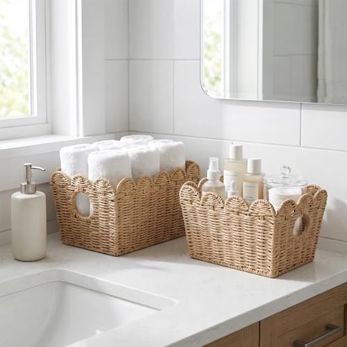 Scalloped Storage Baskets Set of 2, Built-In Handles