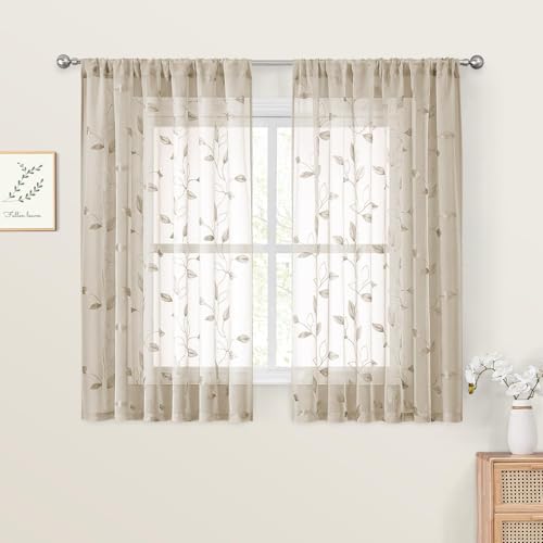 HOMEIDEAS Taupe Kitchen Sheer Curtains Leaf Embroidered, 52x45, 2 Panels - color: 2-taupe/Beige, size: 52"W x 45"L (Pack of 2)