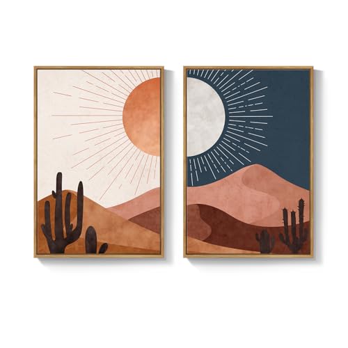 Large Framed Boho Desert Landscape Canvas Wall Art for Living Room, 24x36 - color: Terracotta Blue, size: 24" W x 36" H x 2Pcs