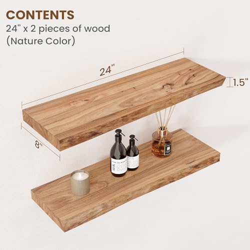 Floating Shelves for Wall Decor, Rustic Solid Elm Wood Live Edge Floating Shelves Wall Mounted, Wall Shelves with Invisible Bracket for Living Room Bathroom Bedroom Kitchen, 24 Inch Set of 2, Natural - color: Natural, size: Live Edge, 24inch, 2Packs