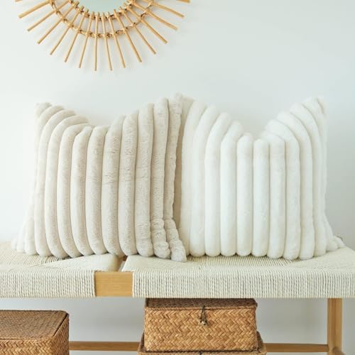 JOJUSIS Faux Fur Plush Throw Pillow Covers, Beige, 20 x 20-Inch - color: Beige, size: 20" x 20" (Pack of 2)