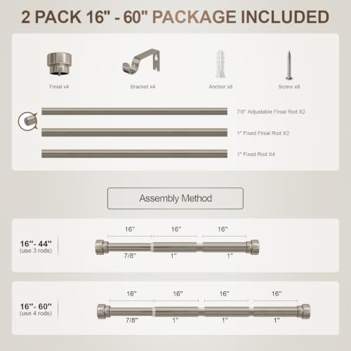 Lootkell 2 Pack Brushed Nickel Curtain Rods for Windows 28-48 Adjustable - color: Brushed Nickel, size: 16"-60"|2 Pack