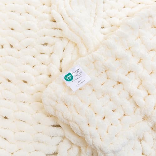 WESHIONGOO Chunky Knit Blanket Throw 50"×60" Knitted Throw Blankets for Couch Bed Fluffy Soft Blanket with Jumbo Chenille Yarn Thick 100% Handmade (Cream White) - color: Cream White, size: 50"x60"