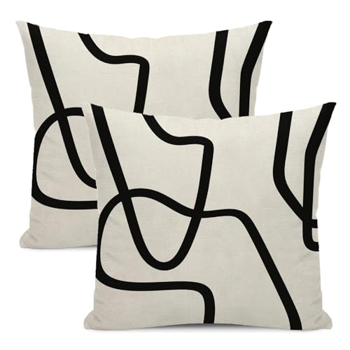 Boho Abstract Black Beige Art Line Pillow Covers 16x16 Set of 2 - color: Black Art Line-q, size: 16" x 16" (Pack of 2)