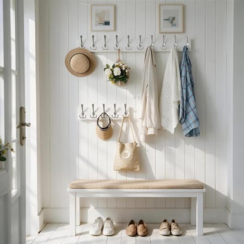 SKOLOO Matte White Solid Wood Wall Mounted Coat Rack, 5 Hooks, 17" Long - Kitchen, Mudroom, Entryway, Bathroom - Includes Mounting Hardware, Wall Coat Hanger, Towel Rack - color: White Plates & Nickel Hook, size: 1 Item-5 Hooks