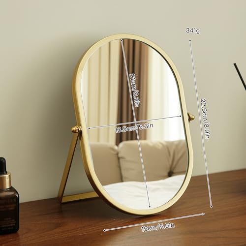 Tstarer Oval Vanity Mirror with Stand,Metal Frame,(Gold, 5.9 x 8.9 inches) - color: Gold, size: 8.9"L x 5.9"W