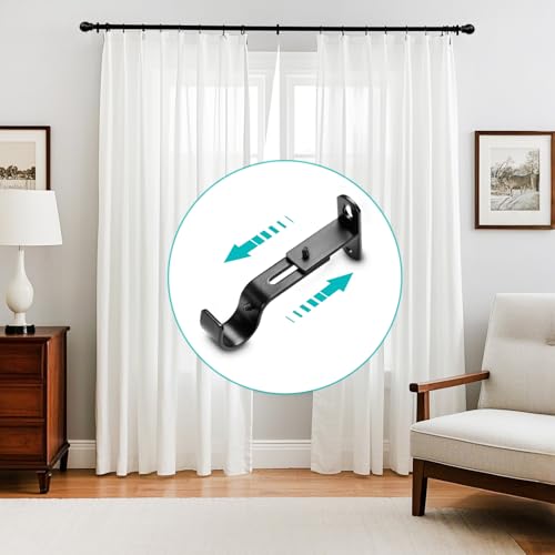 Adjustable Curtain Rod Brackets, Metal Window Drapery Rod Hanger Holders Hooks for 1 inch Rods (Black, Set of 3) - color: Black, size: Set of 3