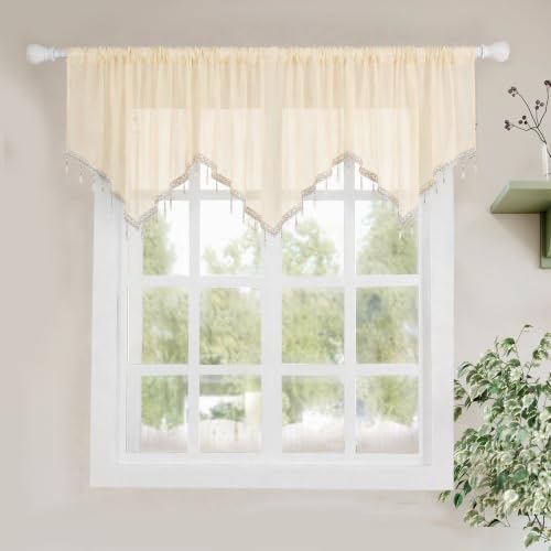 Molaxhome Swag Curtain Scalloped Curtain Valance Drape Sheer Lace Panel 1pc - color: Beige