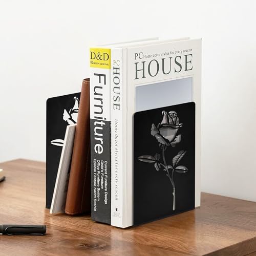 Book Ends, Set of 2 Metal Bookends for Shelves, Decorative Bookends for Heavy Books, Non-Slip Book End, Black Bookend for Home Office (Rose) - color: Rose