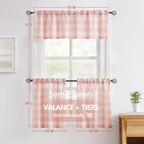 Blush Buffalo Check Tier Curtains 24" Country Plaid Kitchen Curtains Pink - color: Blush Pink and White, size: 24"W x 24"L (Pack of 2)