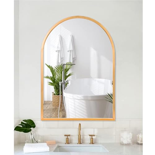 Arched Gold Framed Wall Mirror, 26"x18" Aluminum Alloy Bathroom Mirror for Wall, for Bedroom Entryway Living Room Vanity Large - color: Gold, size: 26"L x 18"W