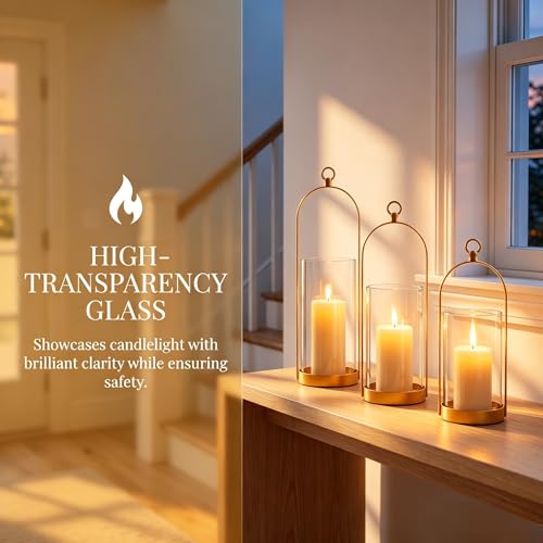 Hurricane Glass Candle Holders Set of 3, Hanging Gold Candlestick