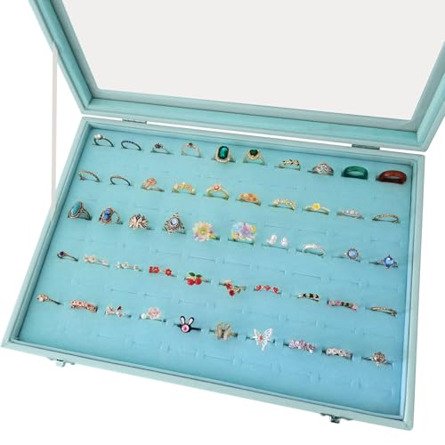 100 Slots Jewelry Ring Holder Box with Dust-proof Clear Glass Lid - color: Blue-100 rings