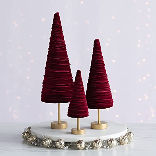 Set of 3 Burgundy Pedestal Velvet Trees, Holiday Mantel Accents, Rich Elegant Charm, Cozy Handcrafted, Valentine Winter Tabletop, Entryway (Burgundy) - color: Burgundy