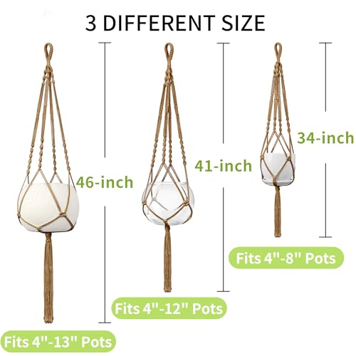 Macrame Plant Hanger - Fits 4-13 Inch Pots, 3-Pack, Brown - color: 34+41+46 Inch Brown