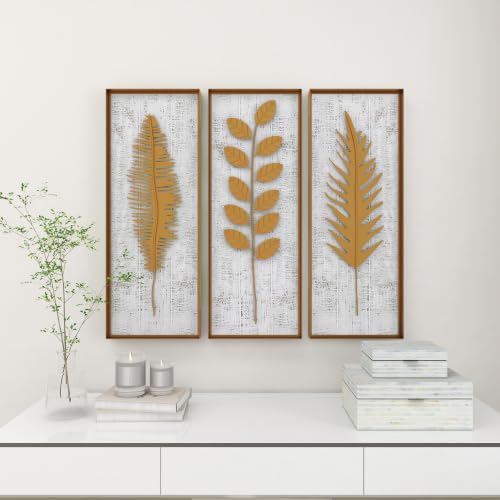 Deco 79 Metal Leaf Home Wall Decor Framed 3D Wall Sculpture with Distressed Wood Backing, Set of 3 Wall Art 12"W, 32"H, Gold - size: 12"L x 2"W
