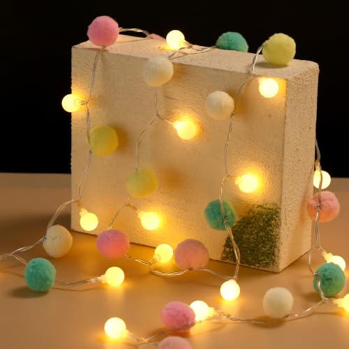 6.56FT Pom Poms Fairy Lights - 20 LED Battery Operated String Lights with Warm White Globe Balls - Cute Indoor Decor for Bedroom Kids Room Playhouse Graduation Birthday Baby Shower - Pastel - color: Pastel, size: 6.56 FT