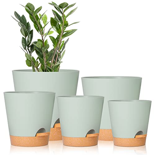 GARDIFE Plant Pots 7/6.5/6/5.5/5 Inch Self Watering Planters with Drainage Hole, Plastic Flower Pots, Nursery Planting Pot for All House Plants, African Violet, Flowers, and Cactus,Green - color: 7-green, size: 7+6.5+6+5.5+5 inch