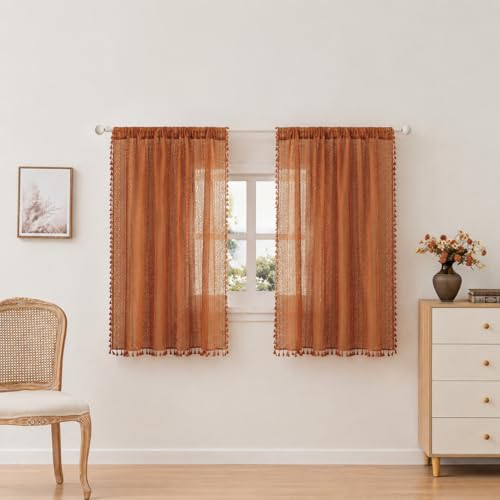 WAZZIO Boho Lace Curtains 63 inch Curtains 2 Panel,Rod Pocket Vintage Bohemian Farmhouse Crochet Cotton Geometry Privacy Sheer Curtain Drapes Farmhouse for Living Room Bedroom,Bunrt Orange - color: Burnt Orange, size: 59"W x 63"L (Pack of 2)