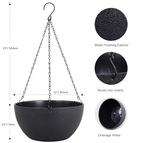 Meowell 12 inch Large Hanging Planters for Indoor Outdoor Plants, 2 Pack Hanging Flower Pots with Drainage Holes and Chain for Garden Porch, Plastic Hanging Baskets for House Plants, Black - color: Black, size: 12inch 2pcs