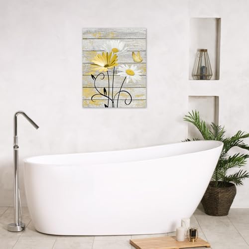 HVEST Farmhouse Yellow Floral Wall Art for Bathroom, Retro Daisy and Butterfly on Rustic Wood Canvas Wall Art Nature Flower Pictures for Living Room Bedroom Apartment Wall Decor,10L X 8W inches - color: Yellow, size: 10"L x 8"W