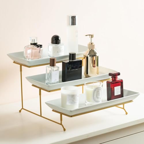 Gomakren 3 Tier Serving Stand, 14 Inch White Serving Platter with Trays - color: Gold, size: 15.7" x 13.5" x 9.2"