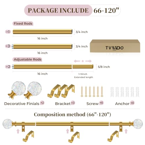 TVWOO Gold Rainbow Curtain Rods Adjustable Heavy Duty Crystal Ball,66-120" - color: Gold, size: 66-120" ( 1pack )