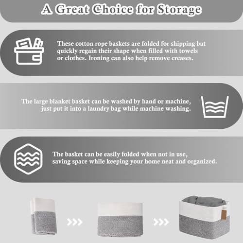 Goodpick 50L Large Woven Rope Storage Basket with Handles, Light Gray - color: Light Grey, size: 18"L x 14"W x 12"H