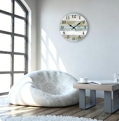 Large Wall Clock Battery Operated,14" Silent Coastal Wood Wall Clock - color: Blue, size: 14 Inch