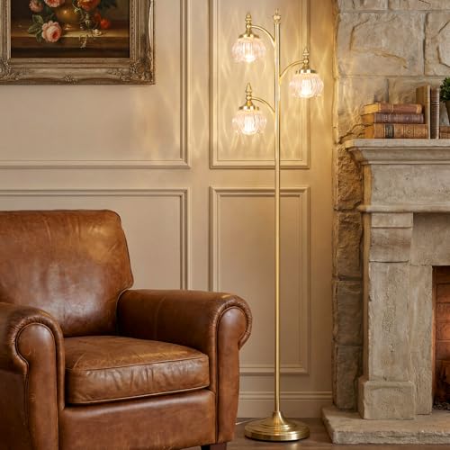 JUNNAI Floor Lamp Gold Glass Brass 66.5in Tall Standing Lamp for Living Room with 3 Brightness Lights Vintage Tree Flower Lamp for Bedroom Office(3LED Bulbs Included) - color: Gold-2