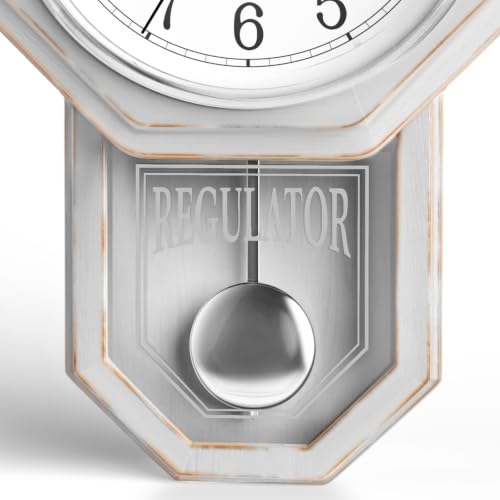 Pendulum Wall Clock, Real Wood Regulator Clock, White, Quiet Non-Chiming - color: Rustic White With Arabic Numerals
