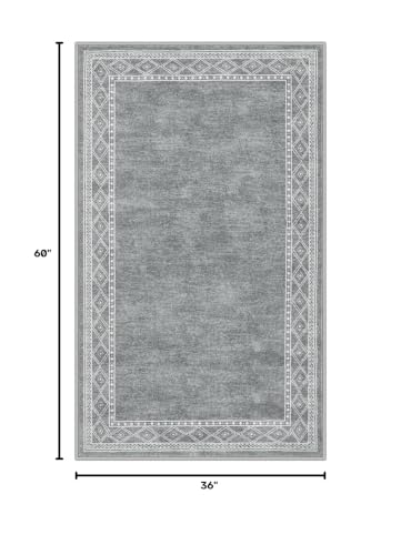 Lahome Modern Bordered Machine Washable Rug, Ultra-Thin 3x5 Rugs for Entryway Bedroom, Non-Slip Stain Resistant Small Carpet for Laundry Entrance (3'x5',Grey) - color: Light Grey, size: 3' x 5'