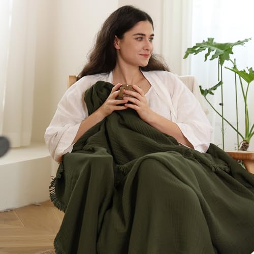 MooMee 100% Cotton Muslin Blanket, Fringed 4-Layer Gauze Bed Couch Throw - color: Olive Green, size: Throw