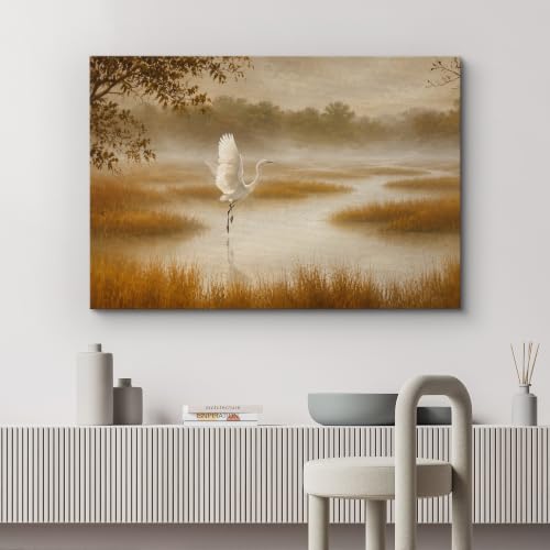 wall26 Canvas Print Wall Art Flying White Egret Misty Wetland Photography Realism Chic Multicolor for Living Room, Bedroom, Office - 12"x18" - color: A33-2608-ANG03, size: 18"L x 12"W