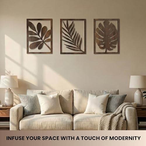 qmmp Modern Wooden Wall Sculptures - Set of 3 - Home Decor Accent - Large Wall Art for Living Room, Bedroom, Office - Easy Installation (Walnut, Large - Tree Leaves) - color: Walnut, size: Large - Tree Leaves